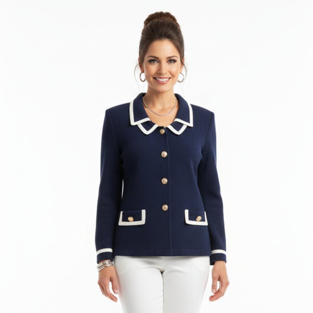 Castleberry Blue & White Knit Long Sleeve Button Close Cardigan Sweater 10